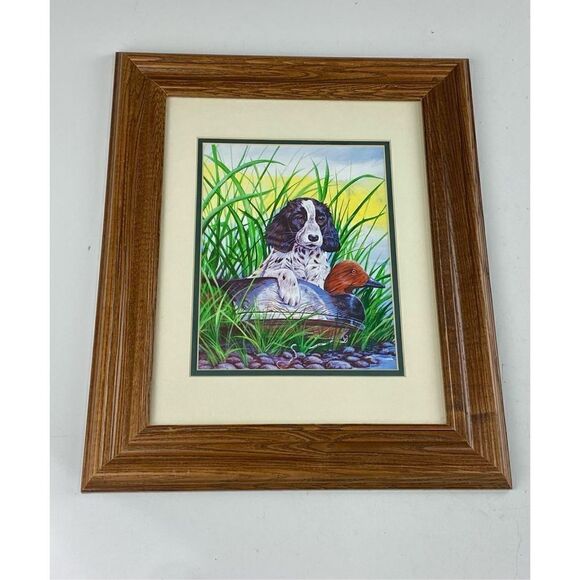 Vintage 1995 Spaniel Dog & Duck Friends Matted & Framed Wildlife Print 11x14 - Picture 1 of 6